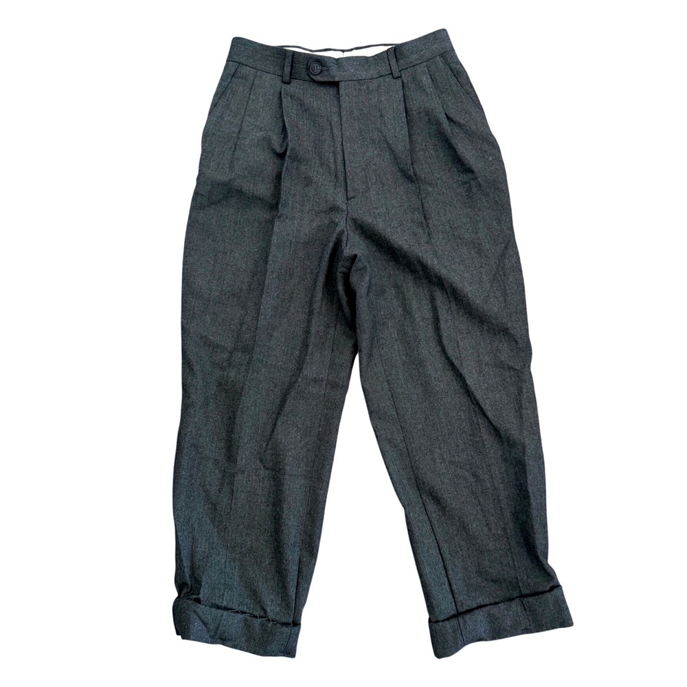 Vintage Wool Cuffed Pleated Trousers High Waisted Cropped Slouchy Dark Grey Sz S
